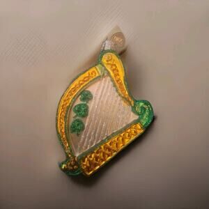 OWC Irish Harp Shamrock Glass Ornament, Glitter Green Gold St. Patrick's Day 4in